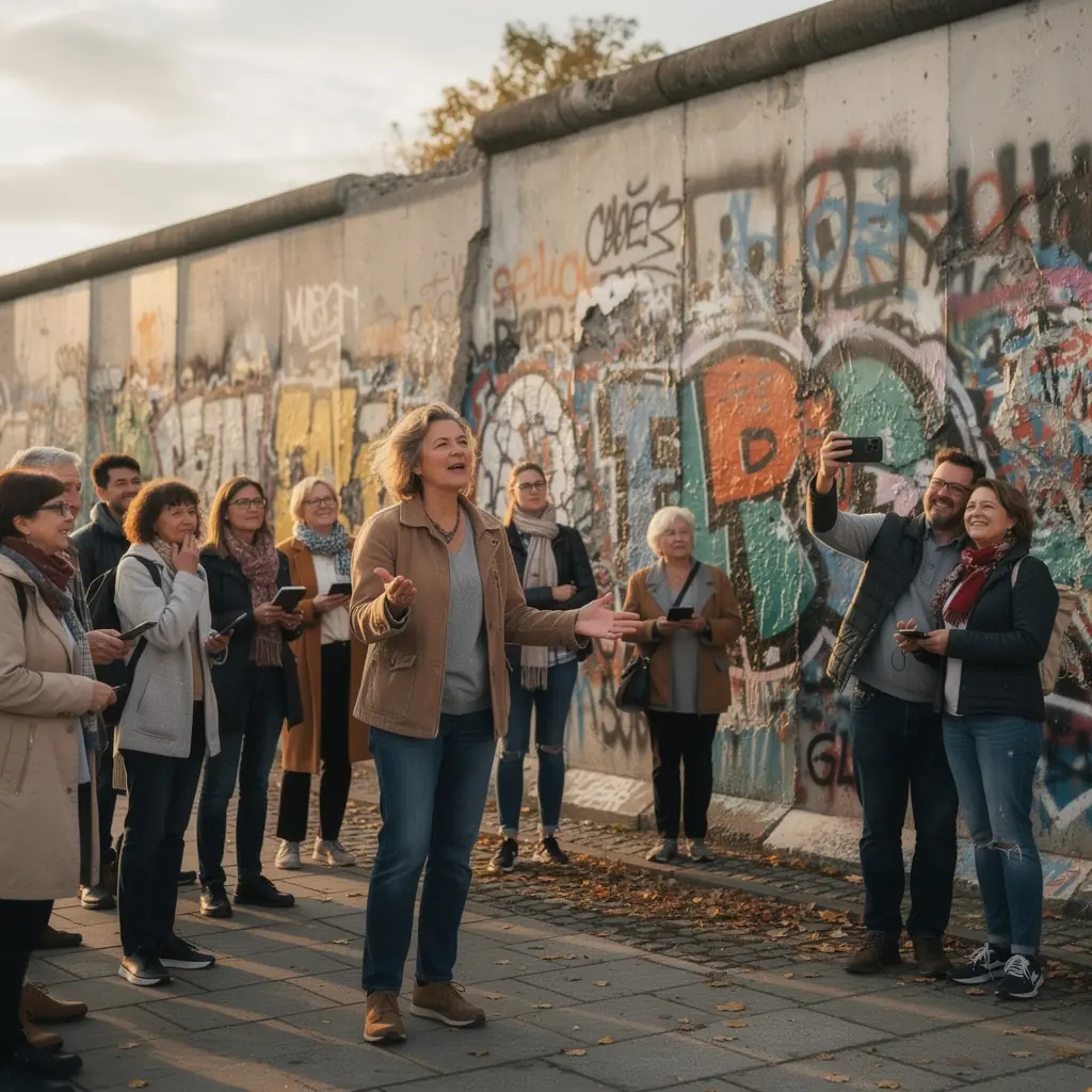 Eine Gruppe von Touristen diskutiert lebhaft vor einer historischen Sehenswürdigkeit in Deutschland.