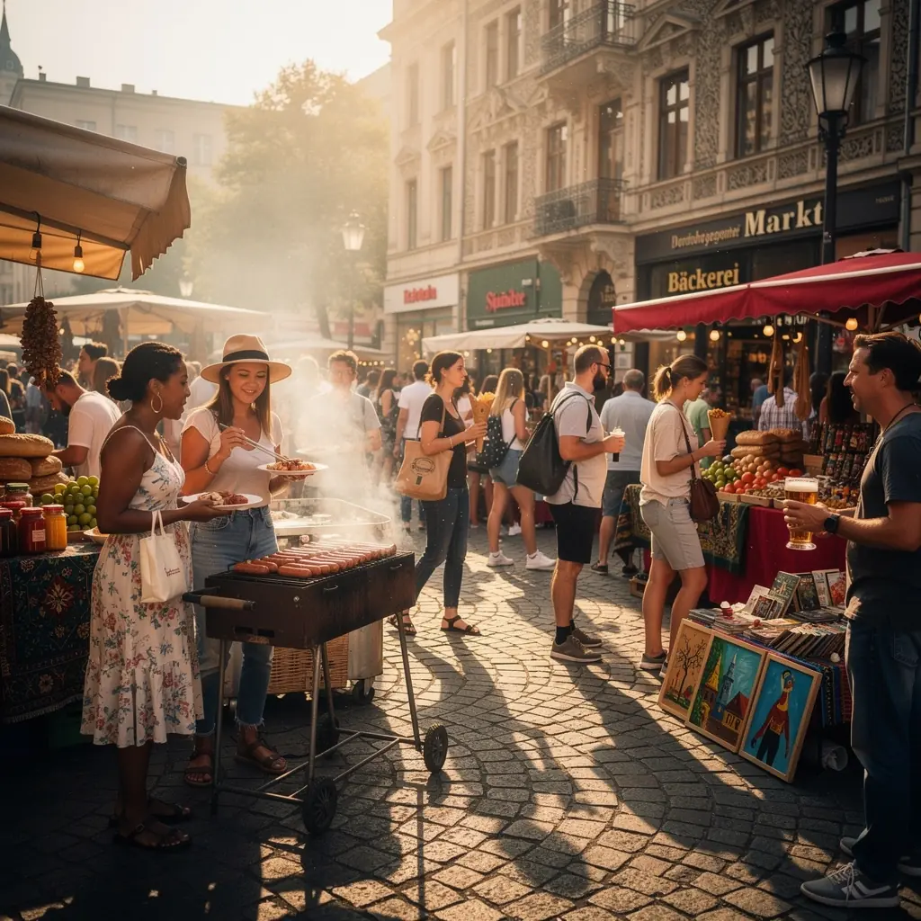 Ein Reiseführer erklärt den Teilnehmern die kulturellen Höhepunkte einer Stadtführung in Deutschland.